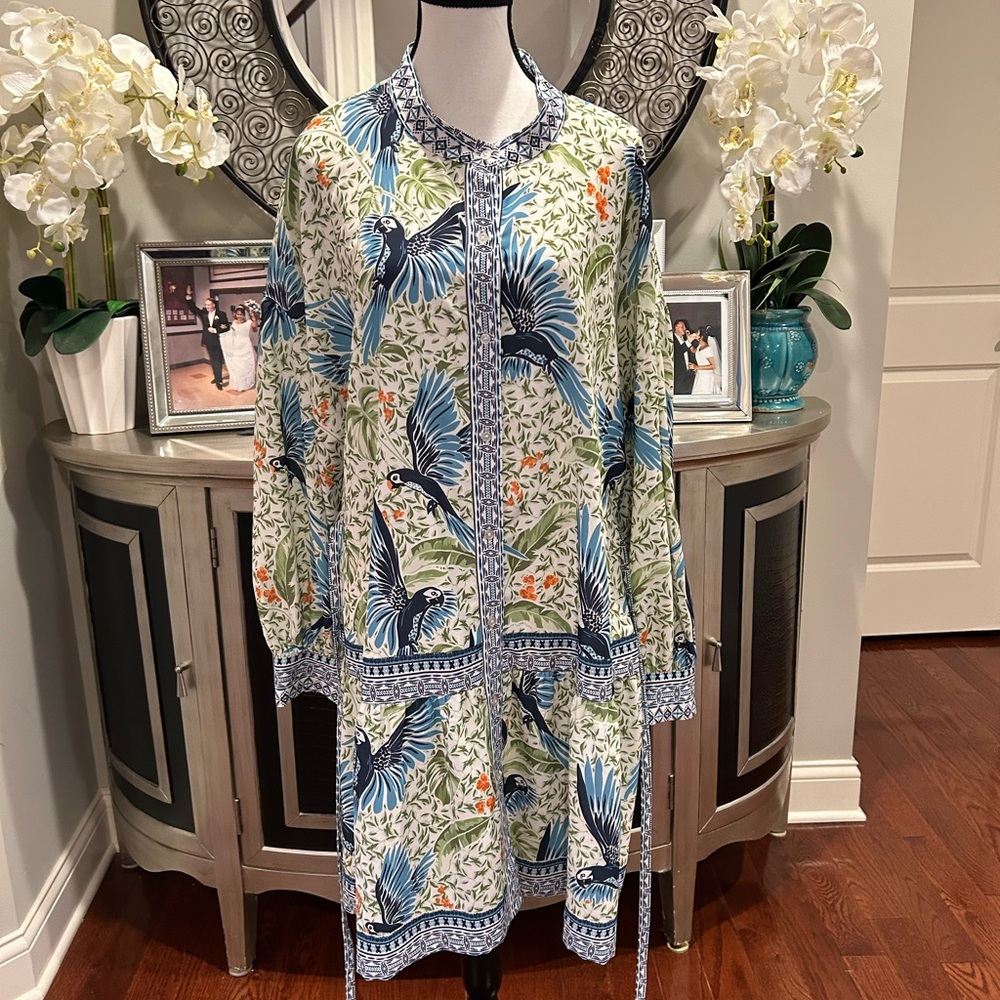 Alex Marie Blue, Green & Orange Bird-Print Long Sleeve Tunic Dress